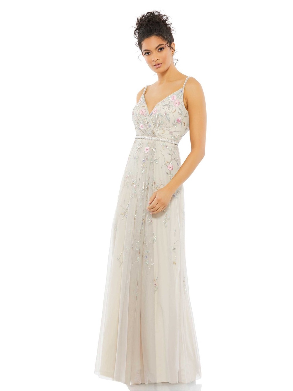 Mac Duggal 9141 Beige Floral Embroidered Sleeveless Wrap Over Gown Size 10 NWT